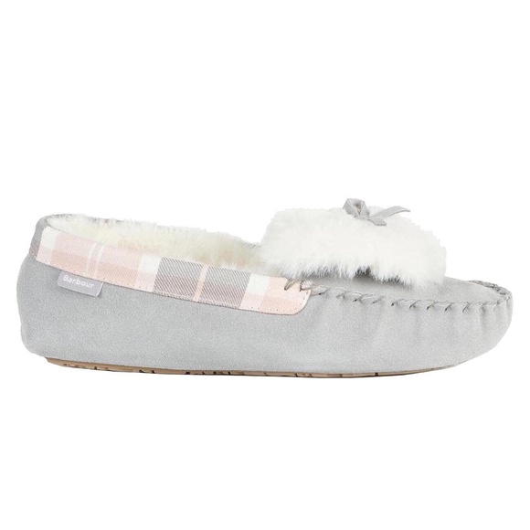 Barbour Ladies DARCIE Mocassin Slippers GRAY Suede Tartan Trim Faux Fur Size 6 - Picture 2 of 4